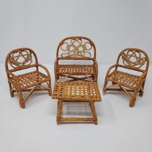 Doll Furniture Girls Room Decor Faux Rattan Wicker Patio Set 4 Pieces VTG